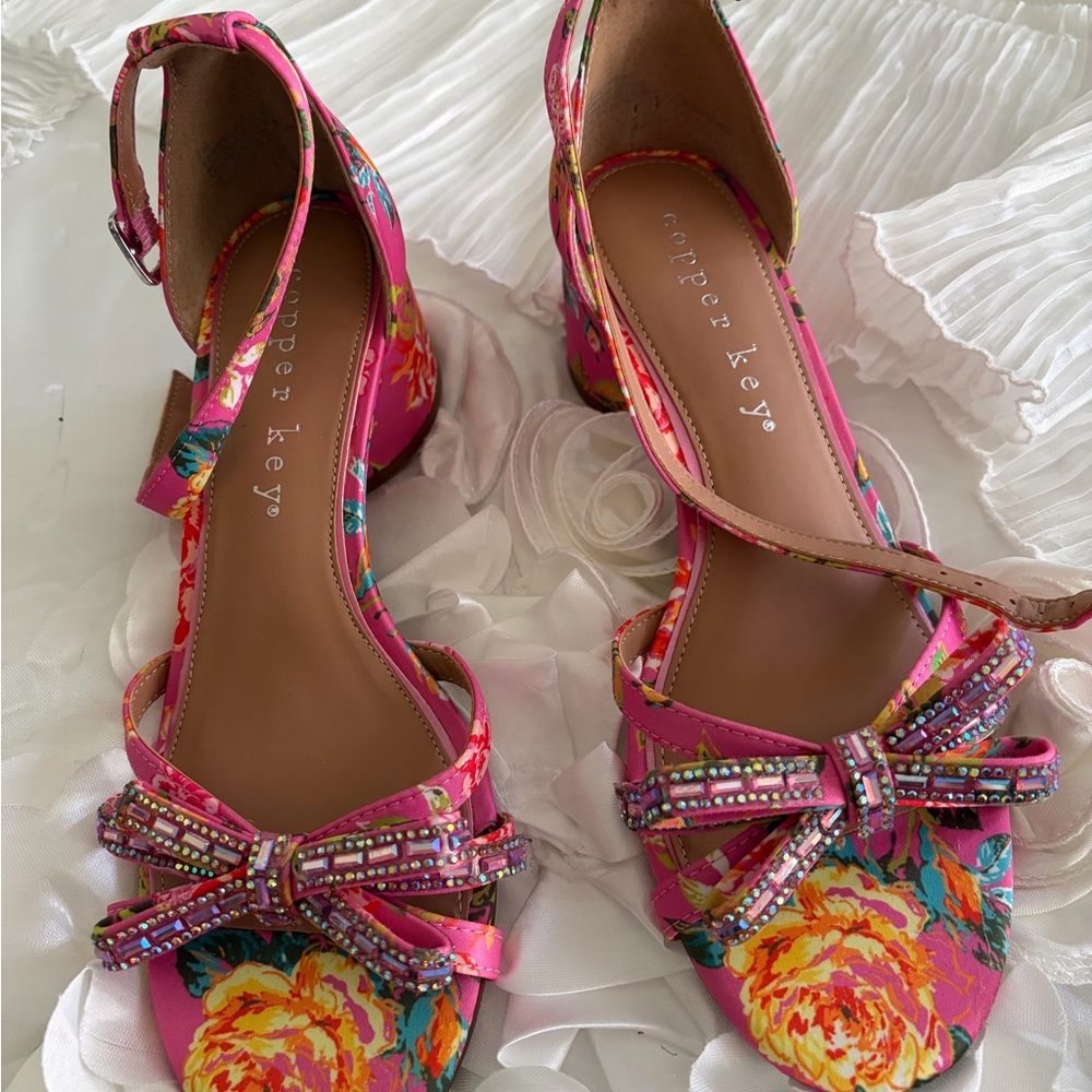 Copper Key Hot Pink Floral Bow Ankle-Strap Sandals